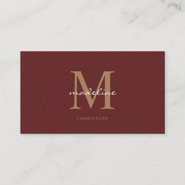  Professional Knit Tweed Red Maroon Gold Monogram Business Card (Front)