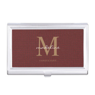 Professional Knit Tweed Red Maroon Gold Monogram Business Card Case