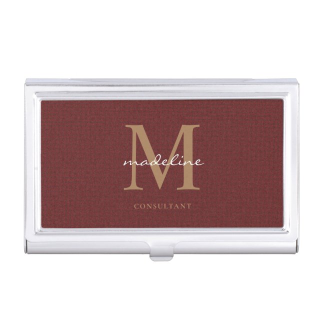 Professional Knit Tweed Red Maroon Gold Monogram Business Card Case (Front)