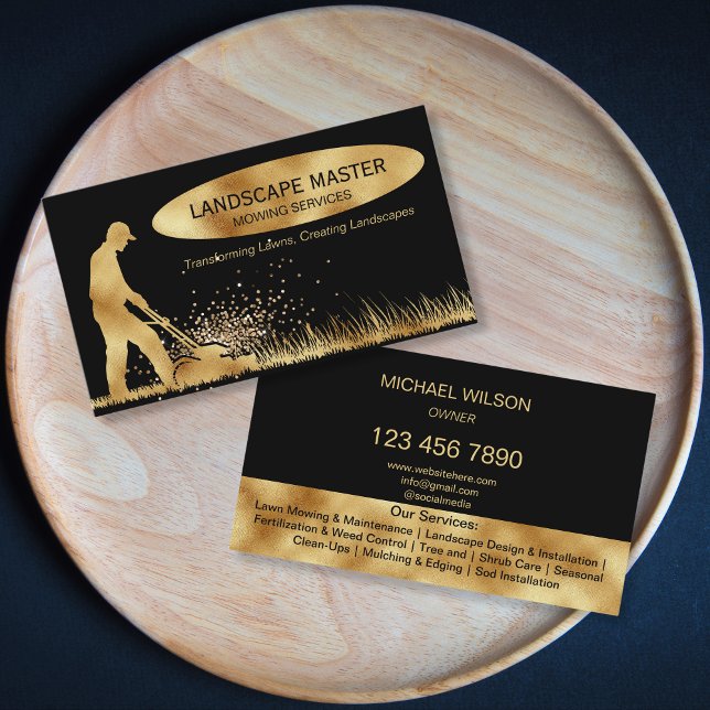 Professional Landscape Lawn Care Mowing Gardening Business Card (golden mower on the black background landscaping business card)