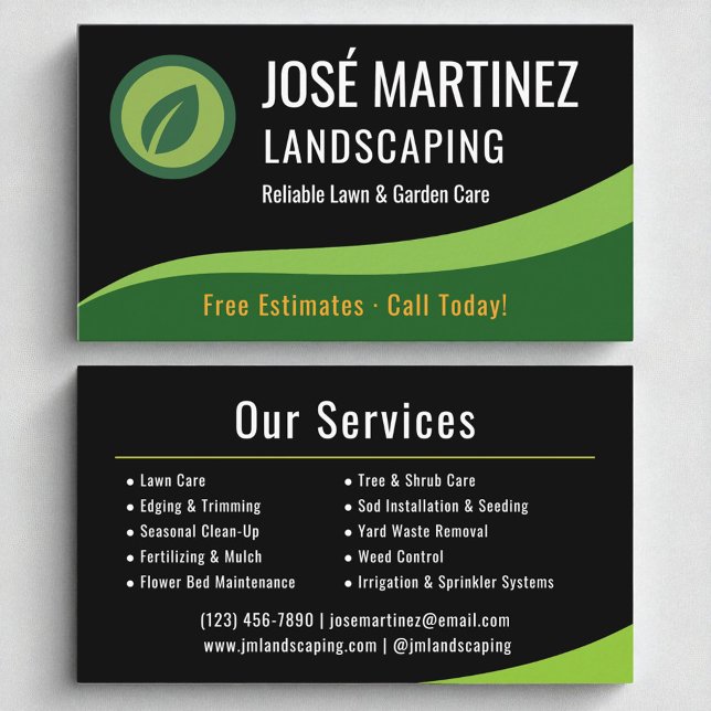 Professional Landscaping Black Green Lawn Care Business Card (Creator Uploaded)