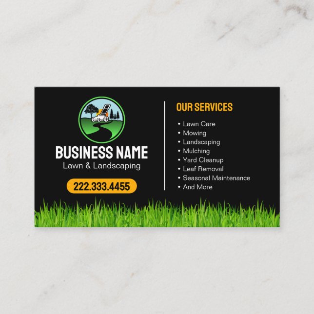 Professional Landscaping Grass Mowing Service Business Card (Front)