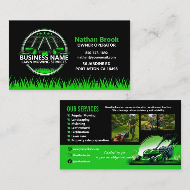 Professional Lawn Care Landscaping Green Black QR Business Card (Front/Back)