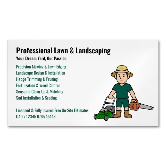 Professional Lawn Care Landscaping Service Business Card Magnet (Front)