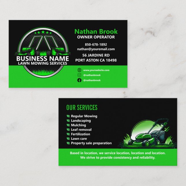 Professional Lawn Mowing Landscaping Green Black  Business Card (Front/Back)