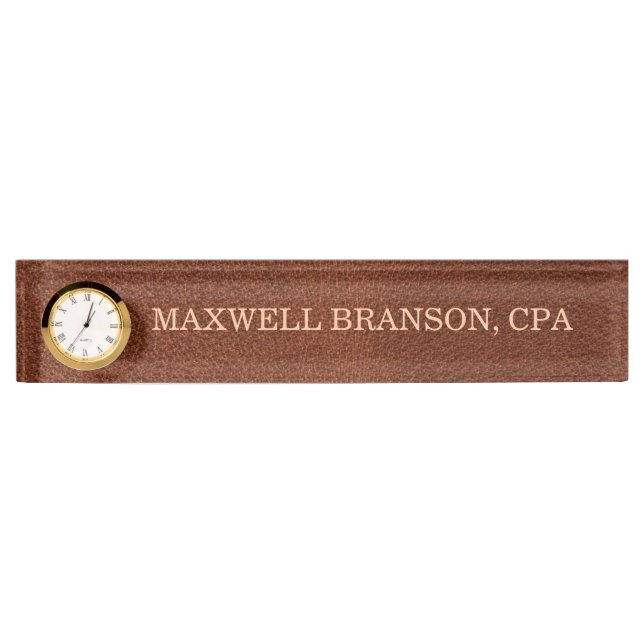 Professional  Leather Brown Name Title Clock Desk Name Plate (Front)