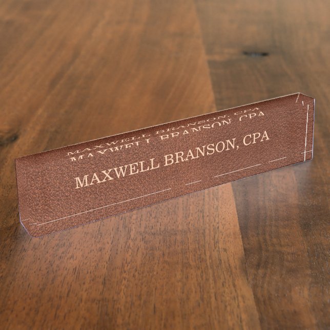 Professional  Leather Brown Name Title  Desk Name Plate (Side)