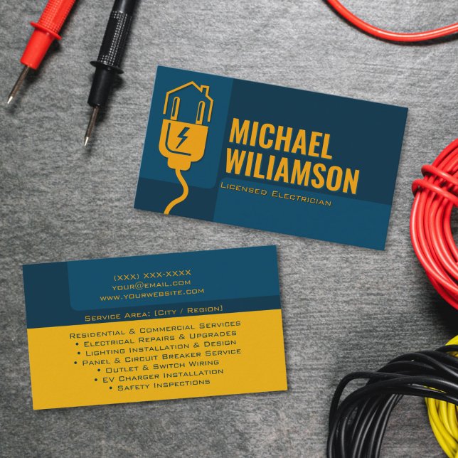 Professional Licensed Electrician Electrical Work Business Card (High quality electrician business card layout – licensed electrician branding design)