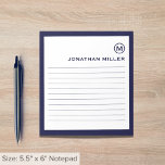 Professional Lined Navy White Monogram Notepad<br><div class="desc">A professional lined notepad with a minimalist design in a navy blue and white color palette. Custom monogram initial and name on a simple white background,  framed by a navy border. Personalize using the fields provided or use the 'message' button to contact the designer for help.</div>