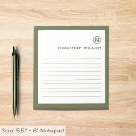 Professional Lined Olive White Monogram Notepad<br><div class="desc">A professional lined notepad with a minimalist design in an olive green and white color palette. Custom monogram initial and name on a simple white background,  framed by an olive border. Personalize using the fields provided or use the 'message' button to contact the designer for help.</div>
