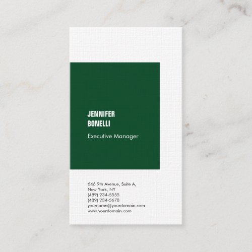 Professional linen minimalist forest green white business card