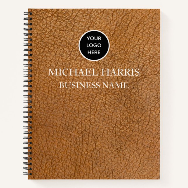 Professional Logo Brown Leather Monogram Business Notebook (Front)