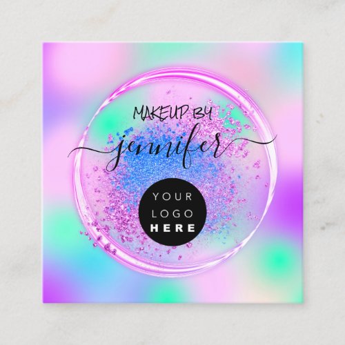 Professional Logo Makeup Artist Pink Holographic Square Business Card