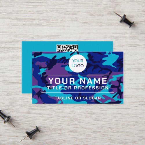 Professional Logo Name QR Code Blue  Purple Camo Calling Card