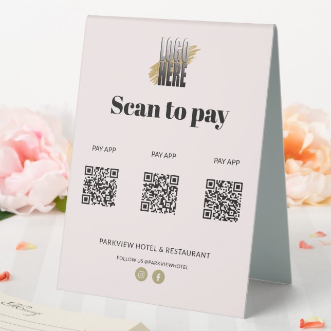 Professional Logo Scan to Pay Apps 3 QR Code Blush Table Tent (In SItu (Wedding))