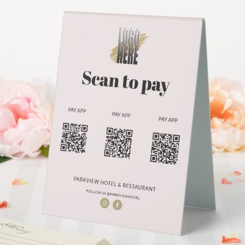 Professional Logo Scan to Pay Apps 3 QR Code Blush Table Tent Sign