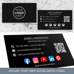 Professional Logo Social Media QR Code Black Business Card
