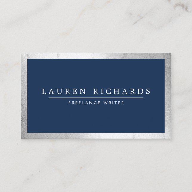 Professional Luxe Faux Silver and Navy Blue Business Card (Front)