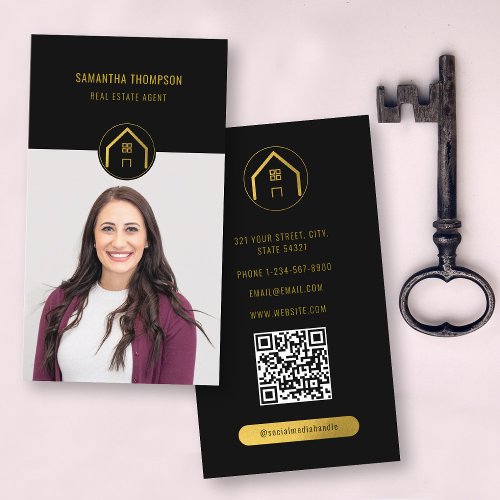 Professional Luxury Black Gold Real Estate Photo Business Card