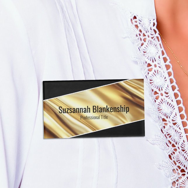 Professional Luxury Gold Ribbon Black Text Name Tag (luxurious gold ribbon on black background name tag)
