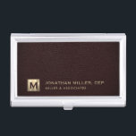 Professional Luxury Initial Logo Business Card Case<br><div class="desc">Simple modern luxury design with brushed metallic gold initial logo medallion with personalized name,  title,  company name or custom text below on a rich oxblood leather look background. Personalize for your custom use.</div>
