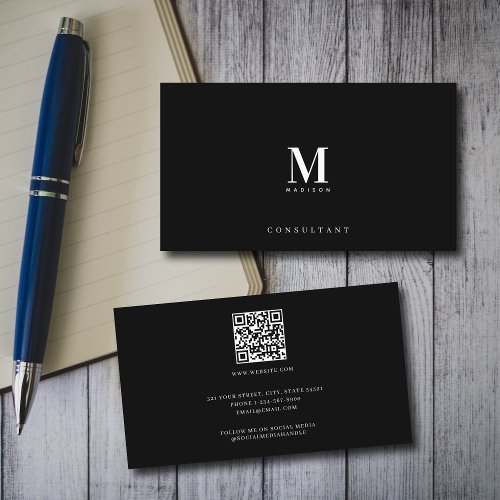 Professional Luxury Monogram QR Code Black Business Card
