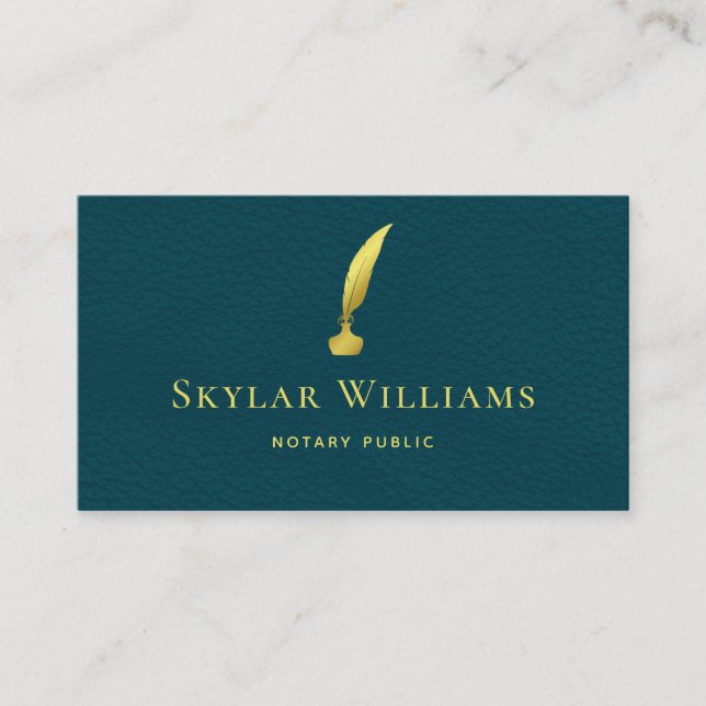 Professional Luxury Teal Faux Leather Notary Business Card (Front)