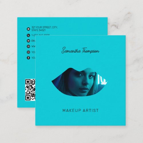 Professional Makeup Artist 2 Photo Lips Turquoise Square Business Card
