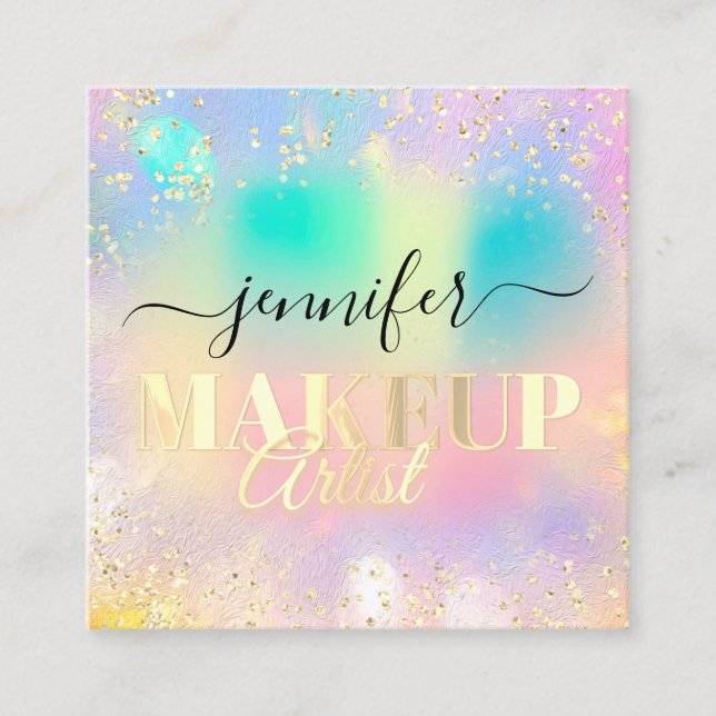 Professional Makeup Artist Gold Glitter Holograph  Square Business Card (Front)