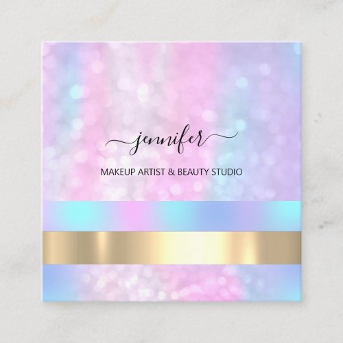 Professional Makeup Artist Holograph Pink Unicorn Square Business Card