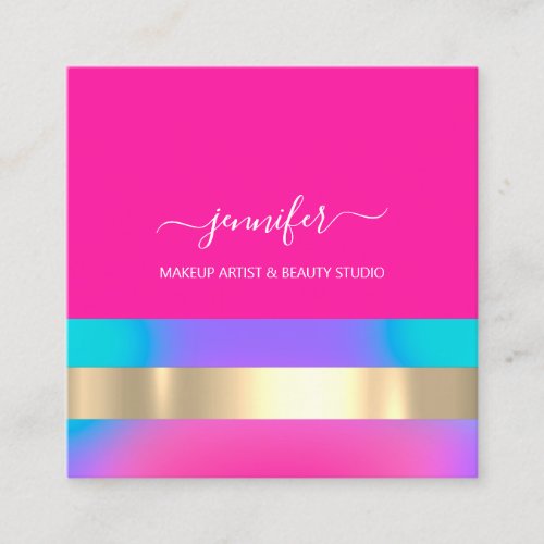 Professional Makeup Artist Holographic Blue Pink Square Business Card
