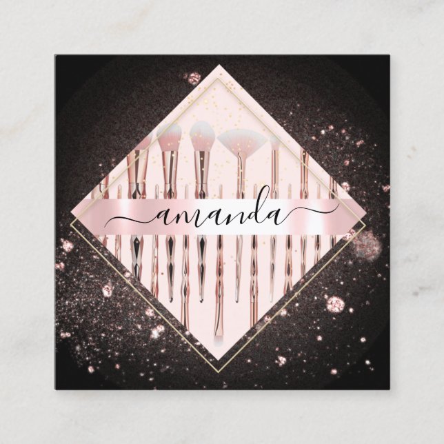 Professional Makeup Artist Logo Brushes Rose Black Square Business Card (Front)