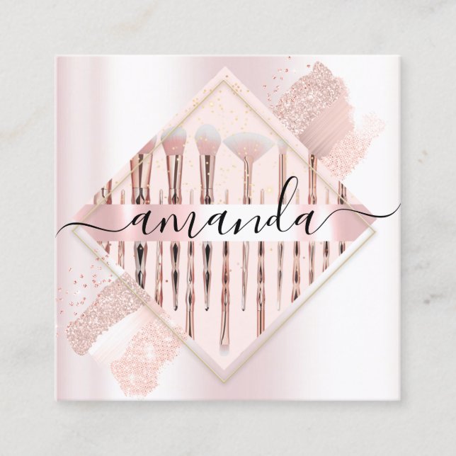 Professional Makeup Artist Logo Brushes Rose Pink  Square Business Card (Front)