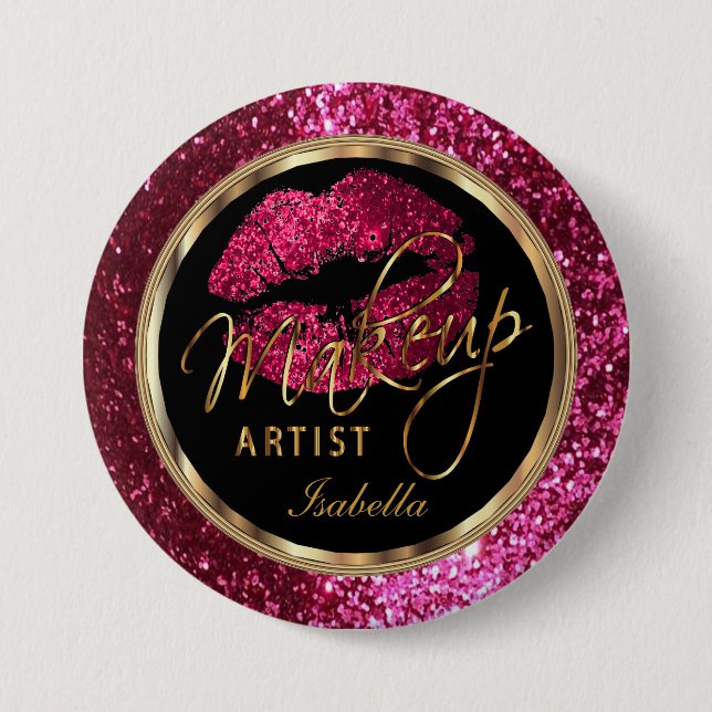 Professional Makeup Artist Pink, Black and Gold Pinback Button (Front)