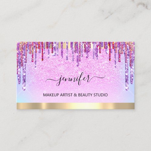 Professional Makeup Artist Pink Glitte Purple Drip Business Card