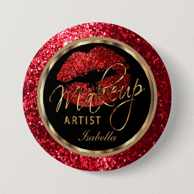 Professional Makeup Artist - Red Glitter and Black Pinback Button (Front)