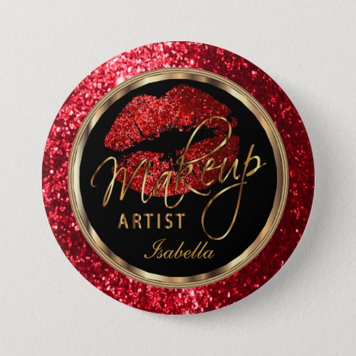 Professional Makeup Artist _ Red Glitter and Black Pinback Button