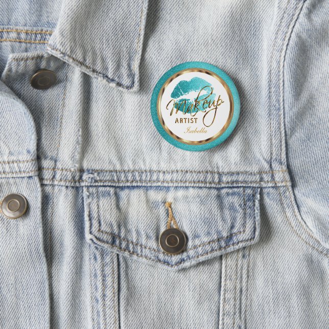 Professional Makeup Artist Teal, Gold and White Pinback Button (In Situ)