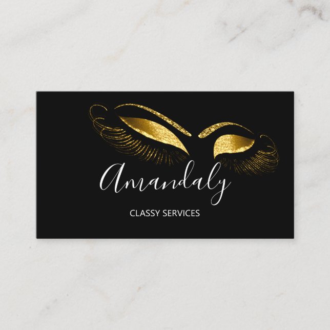 Professional Makeup Black White Gold Eyelashes Business Card (Front)