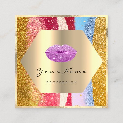 Professional Makeup Gold Glitter Pink Lips Kiss Square Business Card