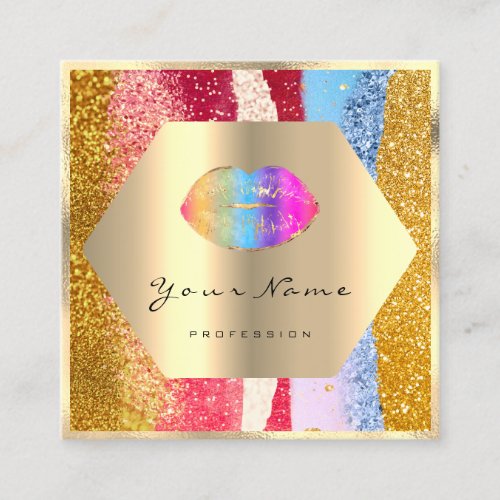 Professional Makeup Gold Glitter Rainbow Lips Kiss Square Business Card