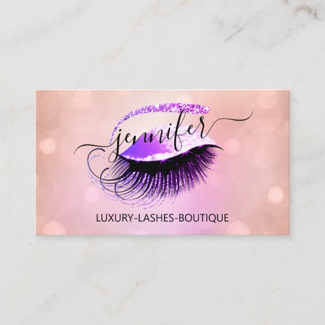 Professional Makeup Lash QR Code Pink Logo Purple Business Card (Front)