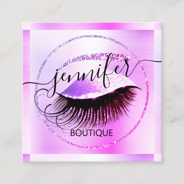 Professional Makeup Lash Shop QR Code Pink Glitter Square Business Card (Front)