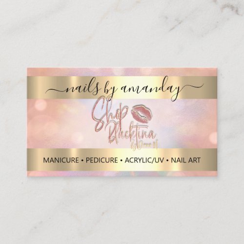 Professional Makeup Nail Logo Rose Holographic Business Card