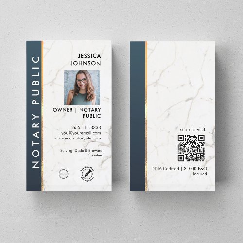 Professional Marble Blue  Gold Notary Photo QR Business Card