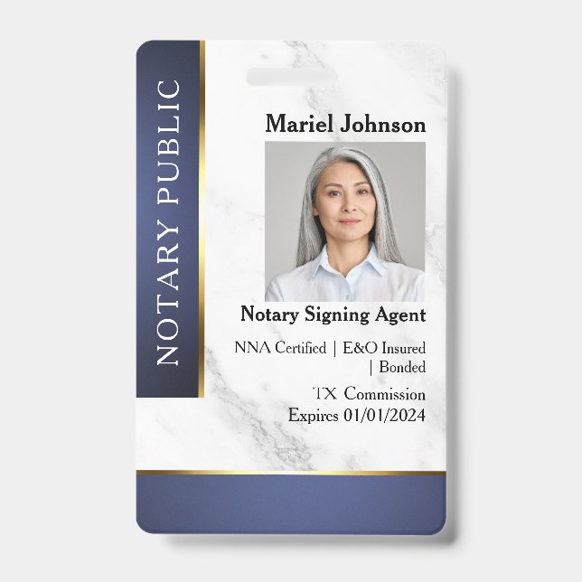 Professional Marble Blue Gold Notary Public ID  Badge (Front)