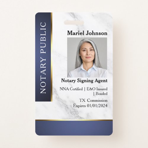 Professional Marble Blue Gold Notary Public ID  Badge