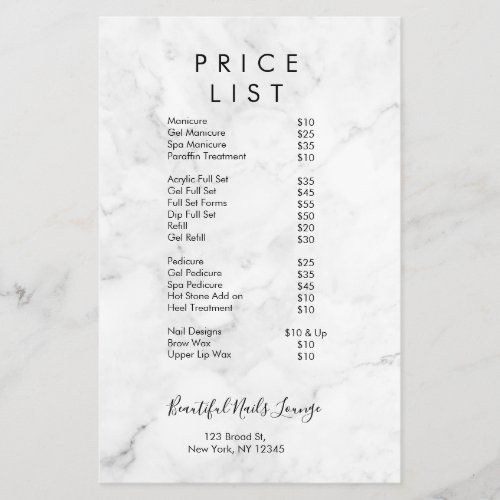 Professional Marble Nail Salon Price List Menu Flyer