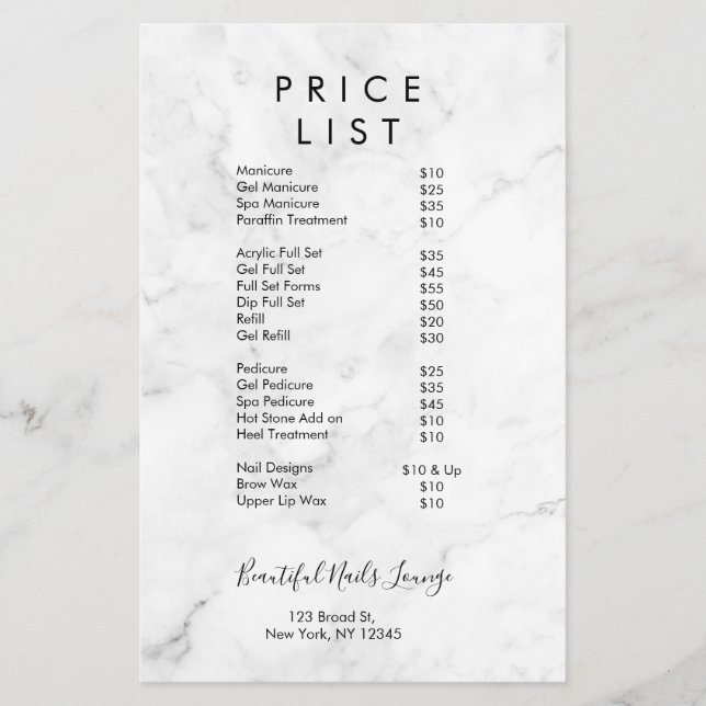 Professional Marble Nail Salon Price List Menu Flyer (Front)