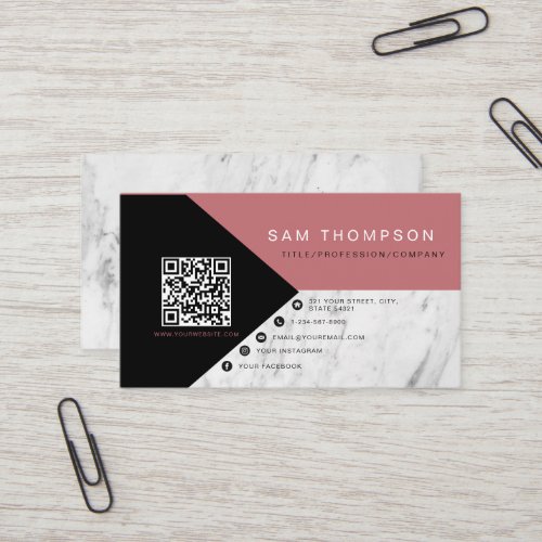 Professional Marble Pink Black QR Code Modern  Business Card